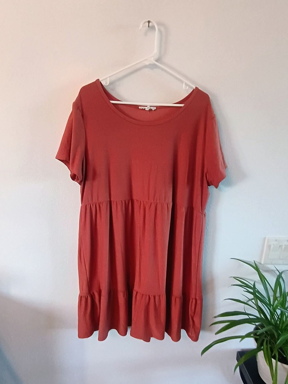 🧡 Pink Rose Rust Terracotta Dress 2X Plus Tiered Babydoll Ruffle Boho Stretch
